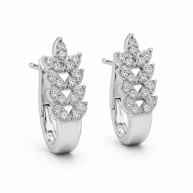 Silver Leaf-Design Stud Earrings With Clear Stones - STOP11038