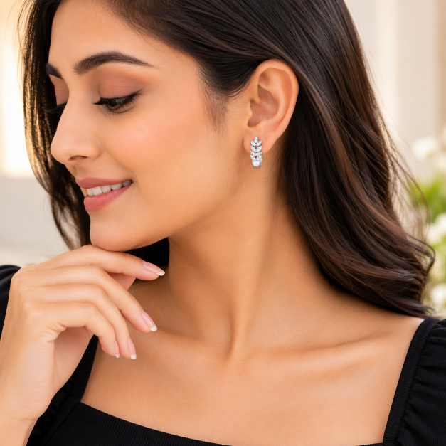 Silver Leaf-Design Stud Earrings With Clear Stones - STOP11038 close-up view