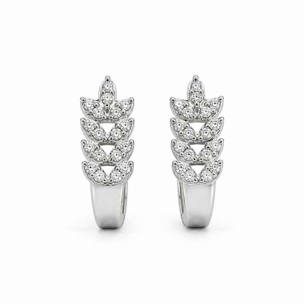 Silver Leaf-Design Stud Earrings With Clear Stones - STOP11038 detail view