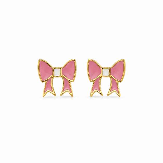 Silver Earrings Pink Bow Design Gold-Tone Stud Tops - STOP10951 front view