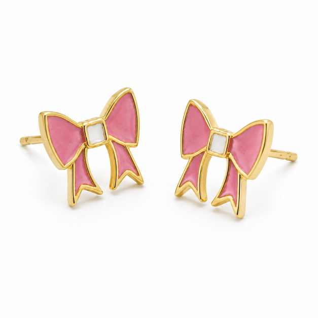 Silver Earrings Pink Bow Design Gold-Tone Stud Tops - STOP10951 detail view