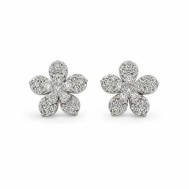 Silver Earrings Floral Stud Tops With Clear Stone Detailing - SEWR60765 close-up view