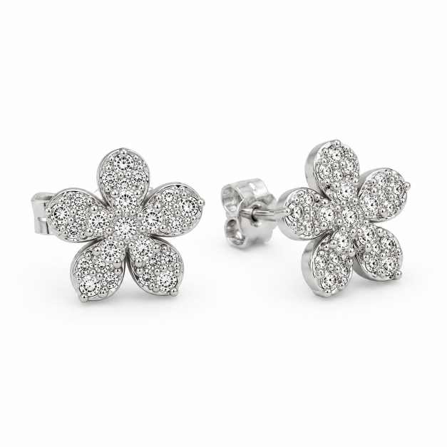 Silver Earrings Floral Stud Tops With Clear Stone Detailing - SEWR60765 detail view