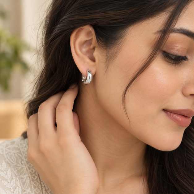 Silver Chunky Polished Hoop Earrings - STOP10981 side view