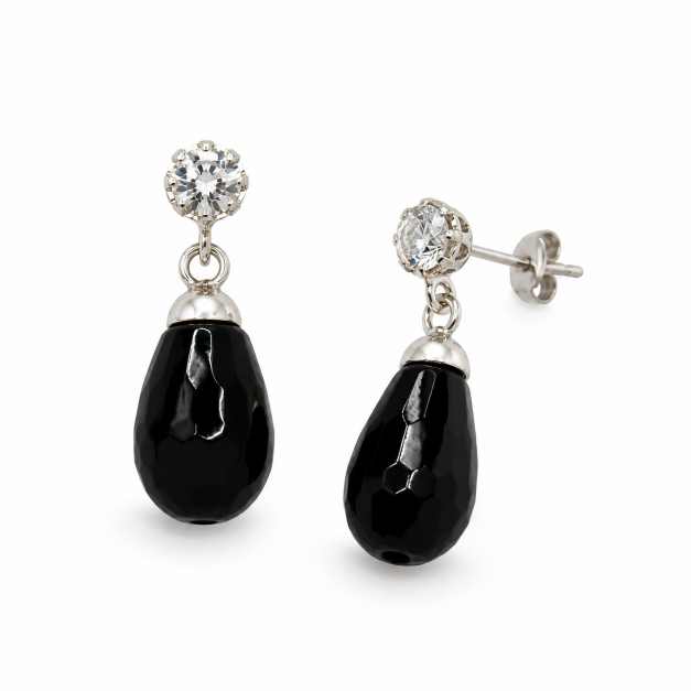 Silver Black Faceted Teardrop Drop Earrings With Clear Stone Accents - STOP10923