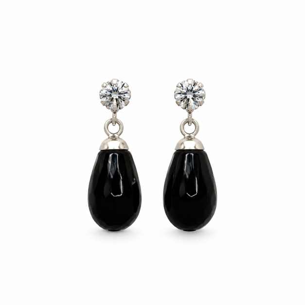 Silver Black Faceted Teardrop Drop Earrings With Clear Stone Accents - STOP10923 close-up view