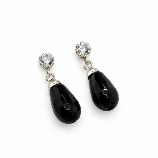 Silver Black Faceted Teardrop Drop Earrings With Clear Stone Accents - STOP10923 detail view
