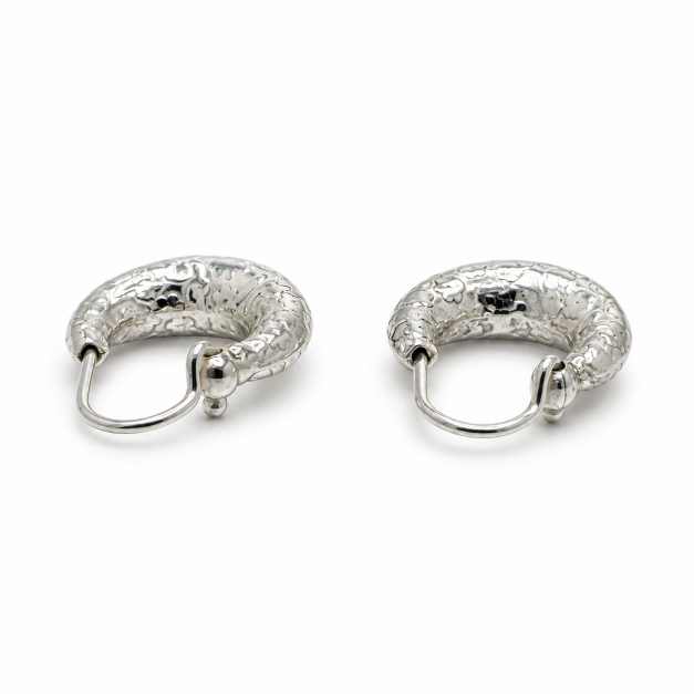 Silver Textured Round Hoop Earrings - Silver-Tone Finish - STOP11054