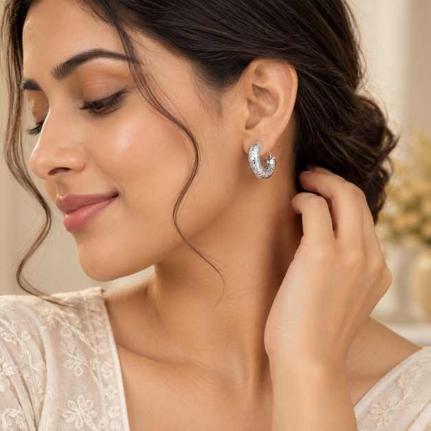 Silver Textured Round Hoop Earrings - Silver-Tone Finish - STOP11054 side view
