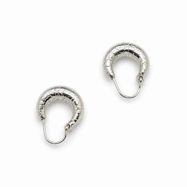 Silver Textured Round Hoop Earrings - Silver-Tone Finish - STOP11054 close-up view