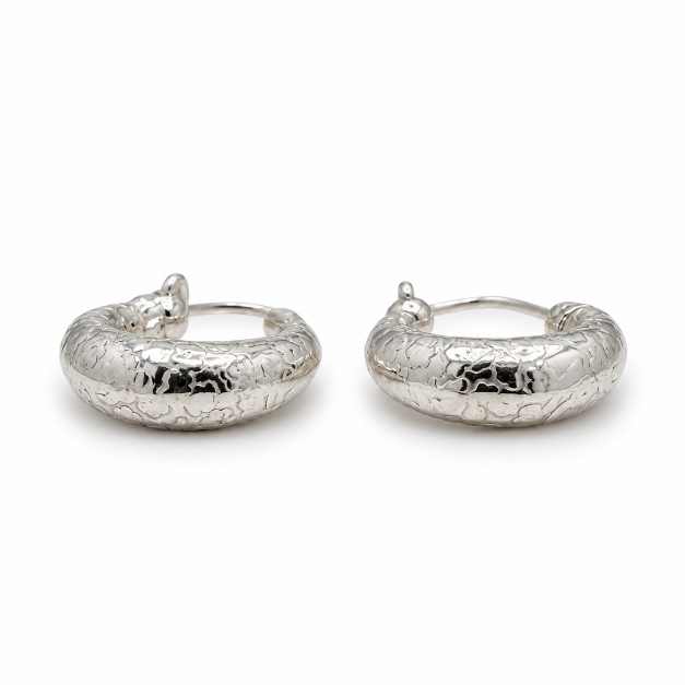 Silver Textured Round Hoop Earrings - Silver-Tone Finish - STOP11054 detail view