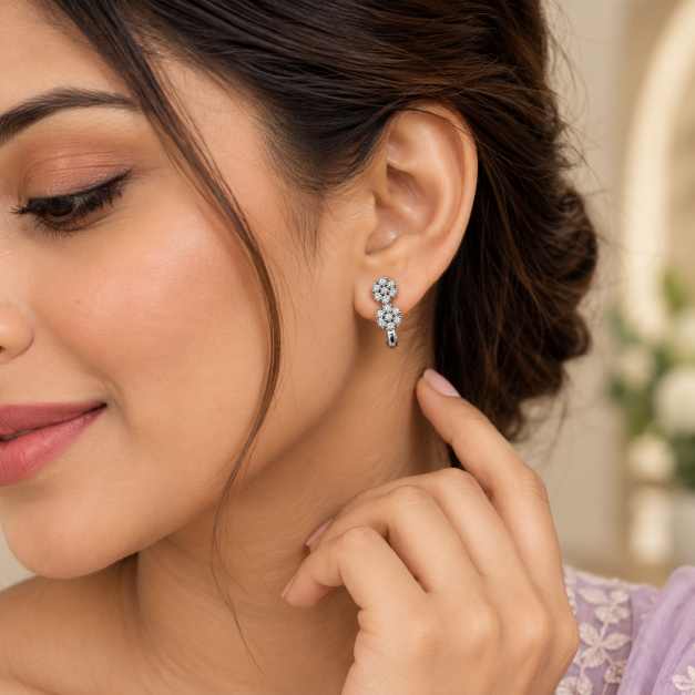 Silver Silver-Tone Double Floral Cluster Earrings With Clear Stone Accents - STOP11041 side view