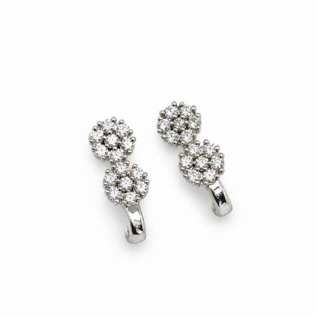 Silver Silver-Tone Double Floral Cluster Earrings With Clear Stone Accents - STOP11041 close-up view