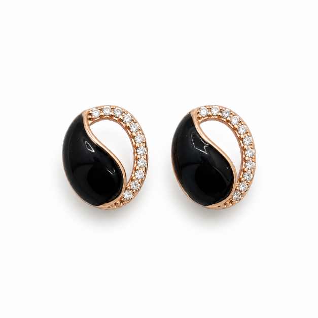 Silver Earrings Black Oval Tops With Crystal-Style Border - STOP10881 front view