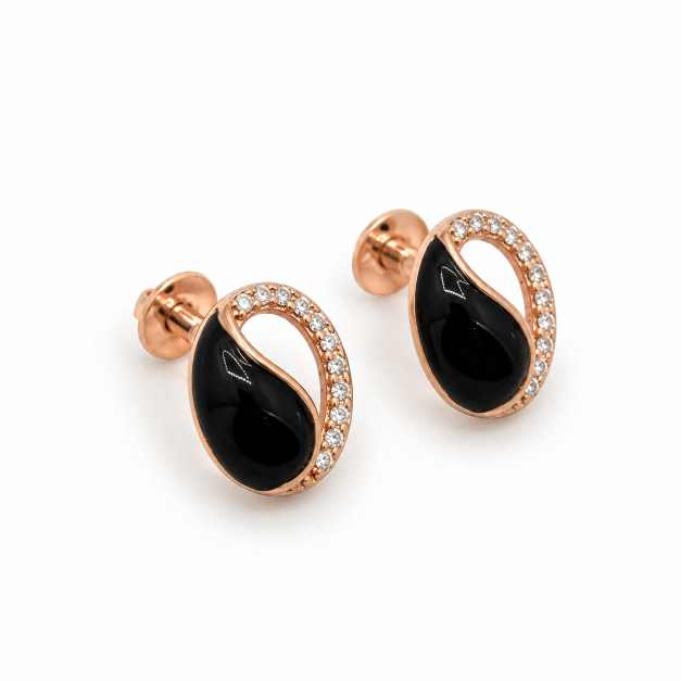 Silver Earrings Black Oval Tops With Crystal-Style Border - STOP10881 close-up view