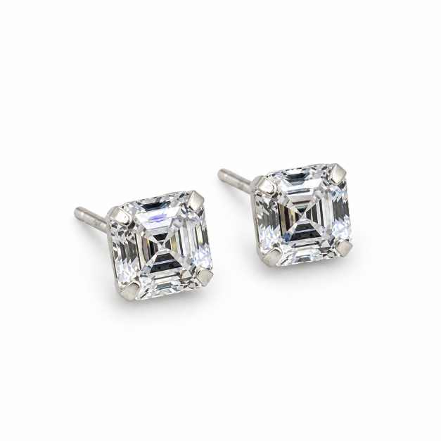 Silver Earrings Square-Cut Clear Stone Silver-Tone Tops - STOP10699 close-up view
