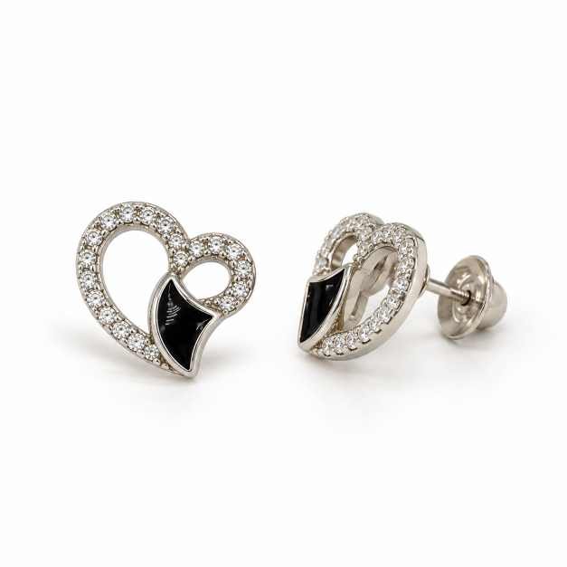 Silver Heart-Shaped Black Enamel Stud Earrings With Clear Stone Detailing - STOP11001