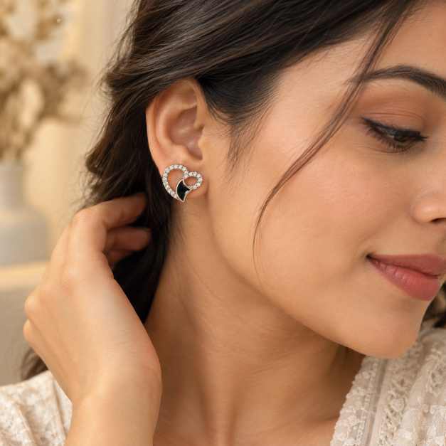 Silver Heart-Shaped Black Enamel Stud Earrings With Clear Stone Detailing - STOP11001 side view