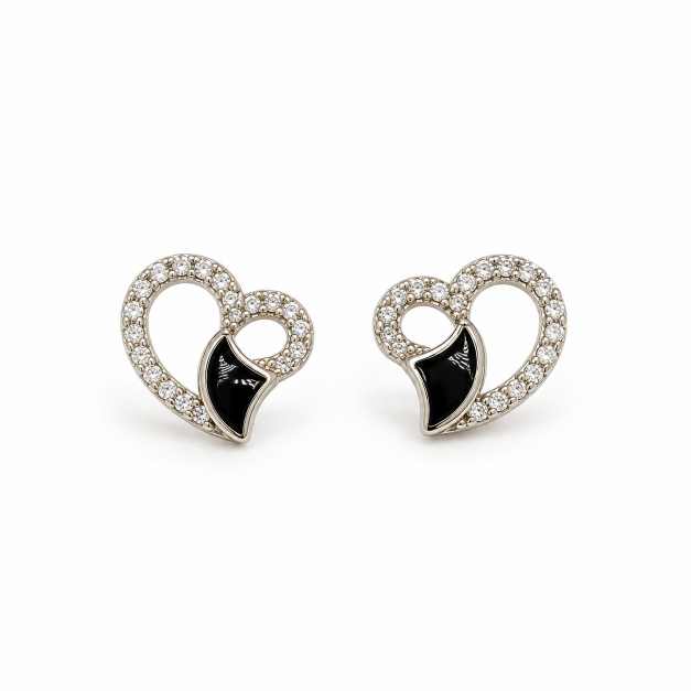 Silver Heart-Shaped Black Enamel Stud Earrings With Clear Stone Detailing - STOP11001 close-up view