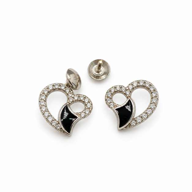 Silver Heart-Shaped Black Enamel Stud Earrings With Clear Stone Detailing - STOP11001 detail view