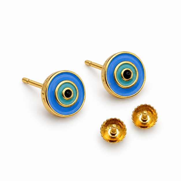 Silver Earrings Blue Nazar Eye Round Tops With Gold-Tone Detailing - STOP10946 side view