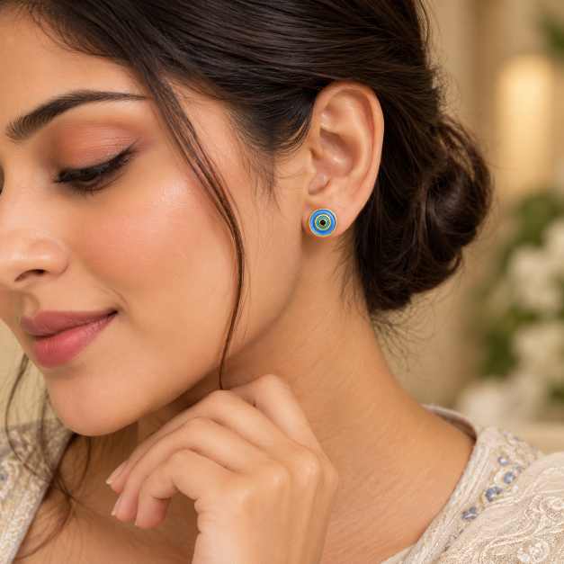 Silver Earrings Blue Nazar Eye Round Tops With Gold-Tone Detailing - STOP10946 close-up view