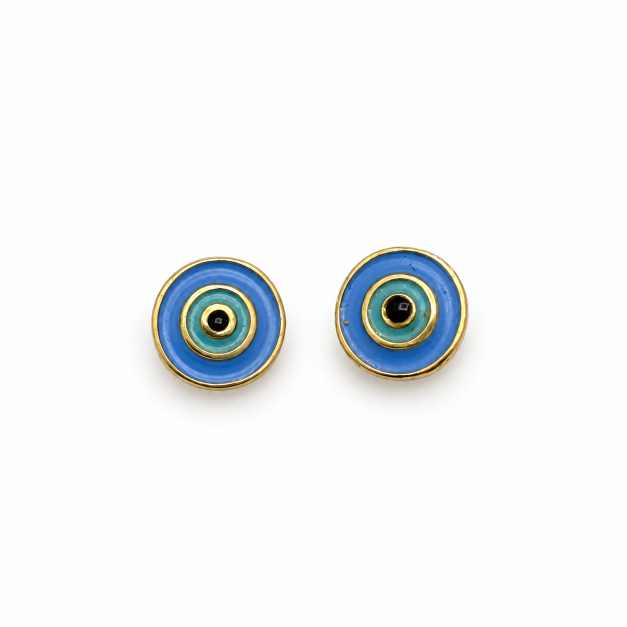 Silver Earrings Blue Nazar Eye Round Tops With Gold-Tone Detailing - STOP10946 front view