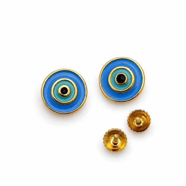 Silver Earrings Blue Nazar Eye Round Tops With Gold-Tone Detailing - STOP10946 detail view