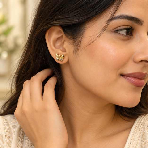 Silver Butterfly Stud Earrings With Clear Stone Detailing - STOP11094 close-up view