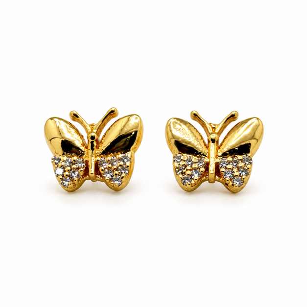 Silver Butterfly Stud Earrings With Clear Stone Detailing - STOP11094 front view