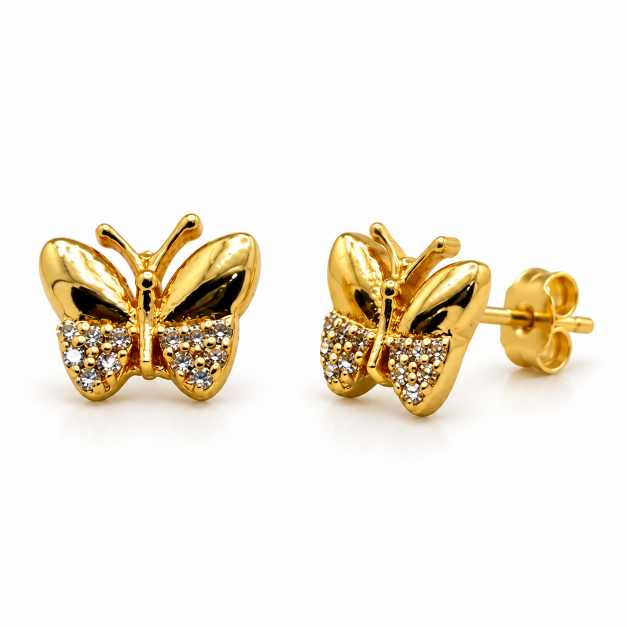 Silver Butterfly Stud Earrings With Clear Stone Detailing - STOP11094 detail view