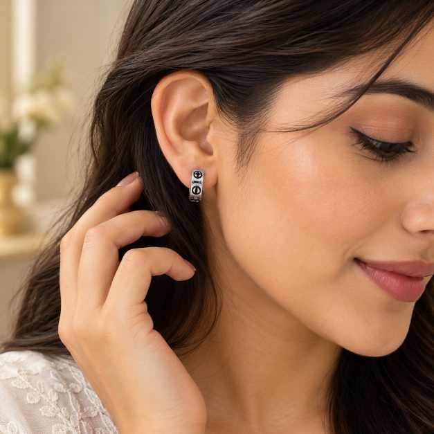 Silver Silver-Tone Huggie Hoop Earrings With Black Circular Detailing - SBL70214 side view