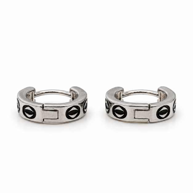 Silver Silver-Tone Huggie Hoop Earrings With Black Circular Detailing - SBL70214 close-up view