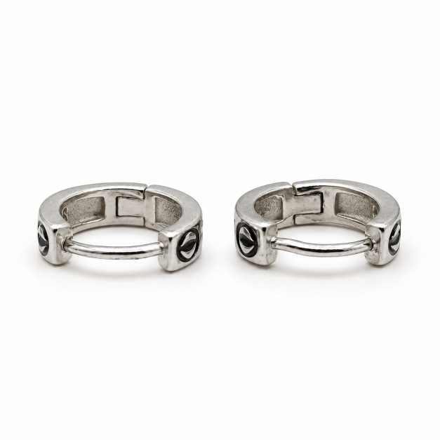 Silver Silver-Tone Huggie Hoop Earrings With Black Circular Detailing - SBL70214 detail view