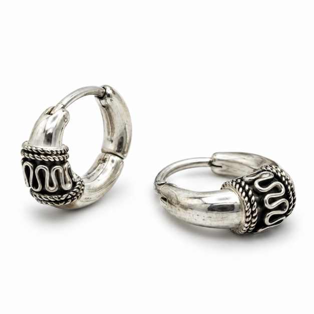 Silver Oxidised Silver-Tone Wavy Pattern Hoop Earrings - STOP10976 front view