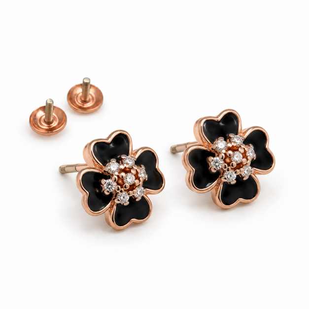 Silver Black Floral Stud Earrings With Rose-Gold Tone Detailing - STOP10887 side view