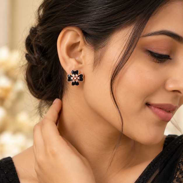 Silver Black Floral Stud Earrings With Rose-Gold Tone Detailing - STOP10887 close-up view