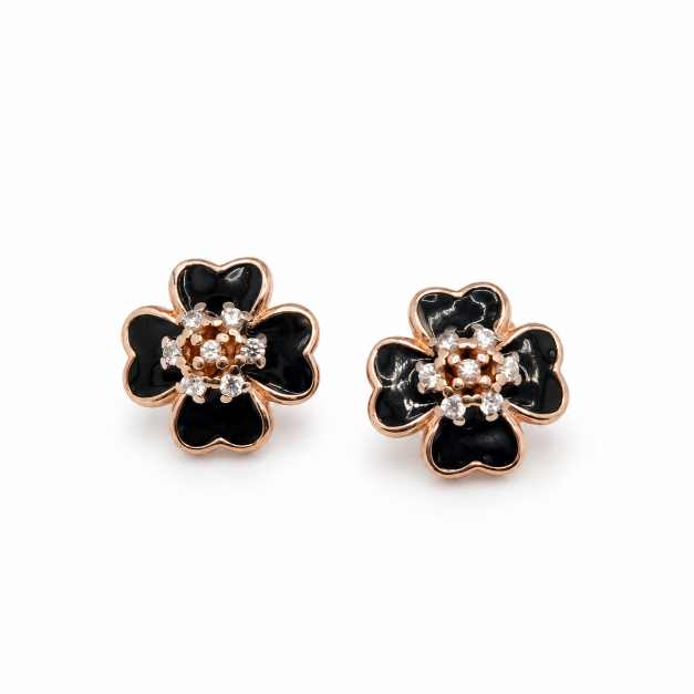 Silver Black Floral Stud Earrings With Rose-Gold Tone Detailing - STOP10887 front view