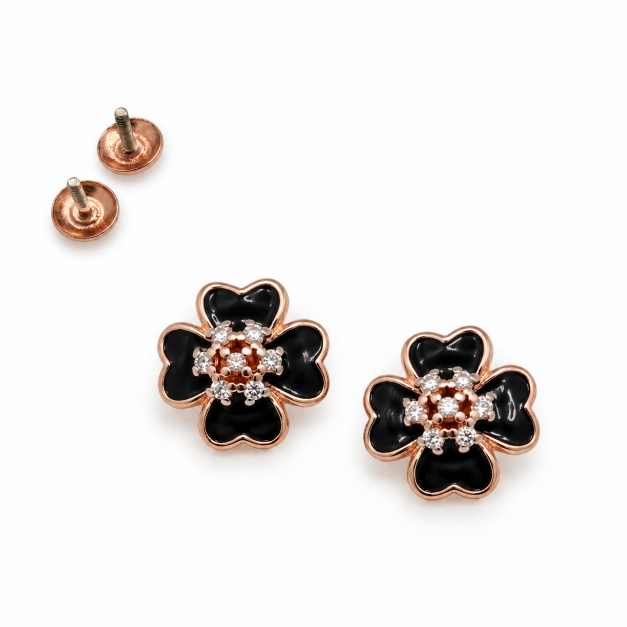 Silver Black Floral Stud Earrings With Rose-Gold Tone Detailing - STOP10887 detail view