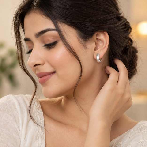 Silver Chunky Polished Silver-Tone Hoop Earrings - STOP10899 close-up view