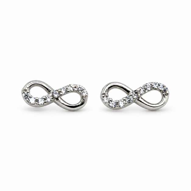 Silver Infinity Design Stud Earrings With Clear Stone Detailing - STOP11026 front view