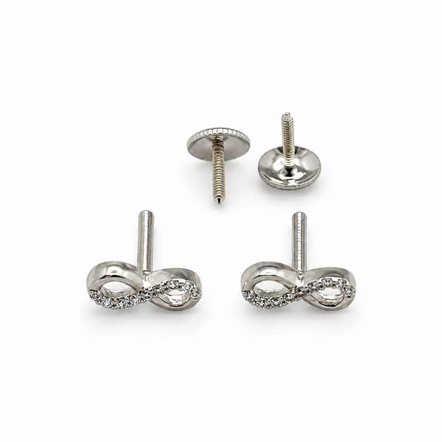 Silver Infinity Design Stud Earrings With Clear Stone Detailing - STOP11026 close-up view