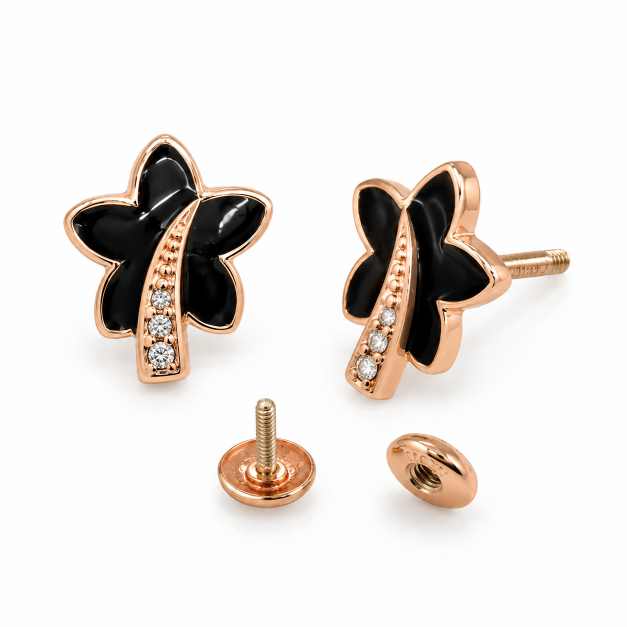 Silver Earrings Black Floral Design Tops With Rose-Tone Finish - STOP10886 front view