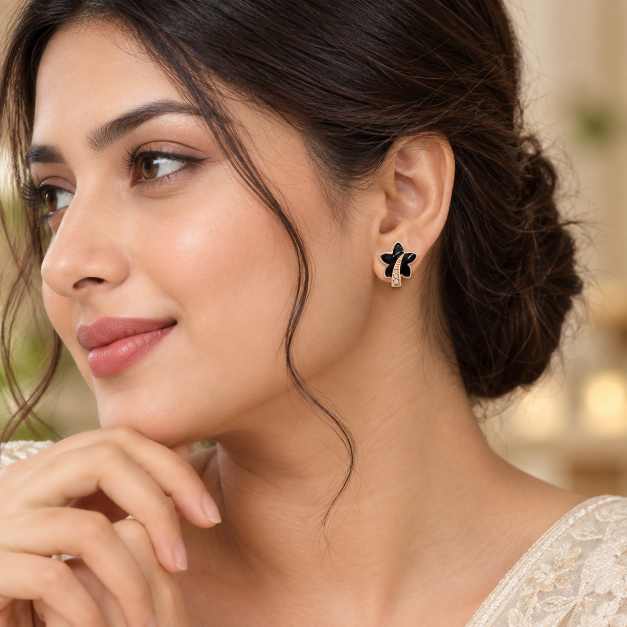 Silver Earrings Black Floral Design Tops With Rose-Tone Finish - STOP10886 side view