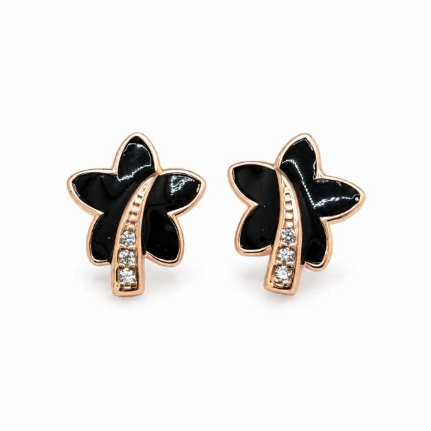 Silver Earrings Black Floral Design Tops With Rose-Tone Finish - STOP10886 close-up view