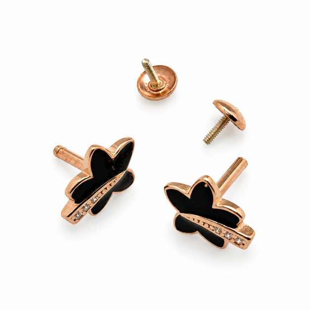 Silver Earrings Black Floral Design Tops With Rose-Tone Finish - STOP10886 detail view