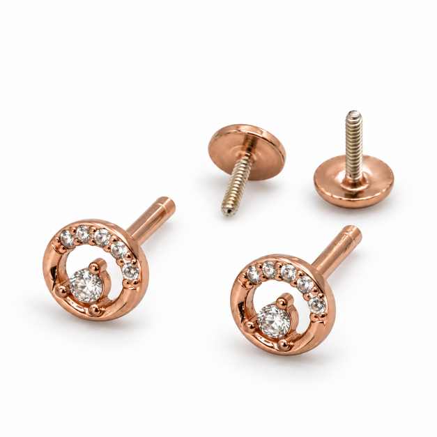 Silver Rose Gold Tone Circular Stud Earrings With Clear Stone Detail - STOP10929 front view