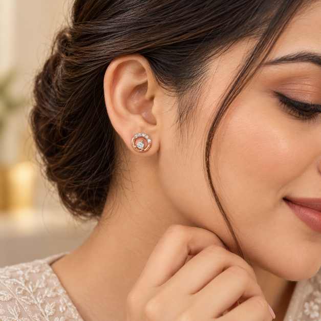 Silver Rose Gold Tone Circular Stud Earrings With Clear Stone Detail - STOP10929 side view