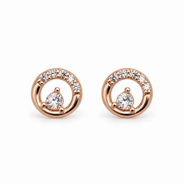 Silver Rose Gold Tone Circular Stud Earrings With Clear Stone Detail - STOP10929 close-up view