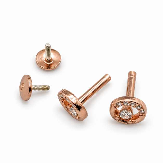 Silver Rose Gold Tone Circular Stud Earrings With Clear Stone Detail - STOP10929 detail view